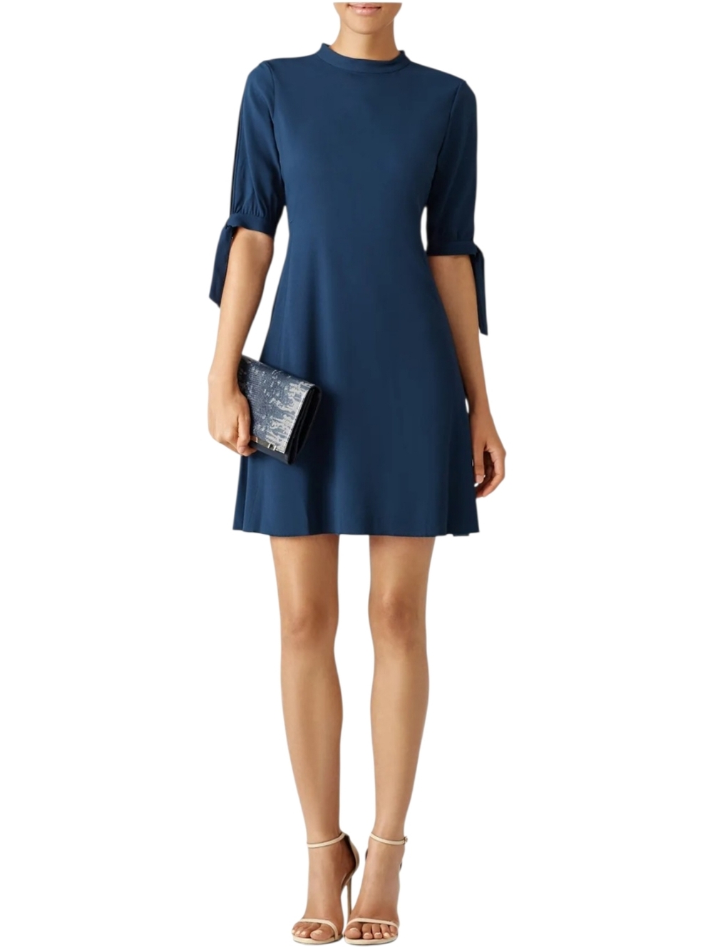 Theory Alvilla Bergen Navy Fit Flare Dress Tie Sleeve Size 6 Cocktail Modern